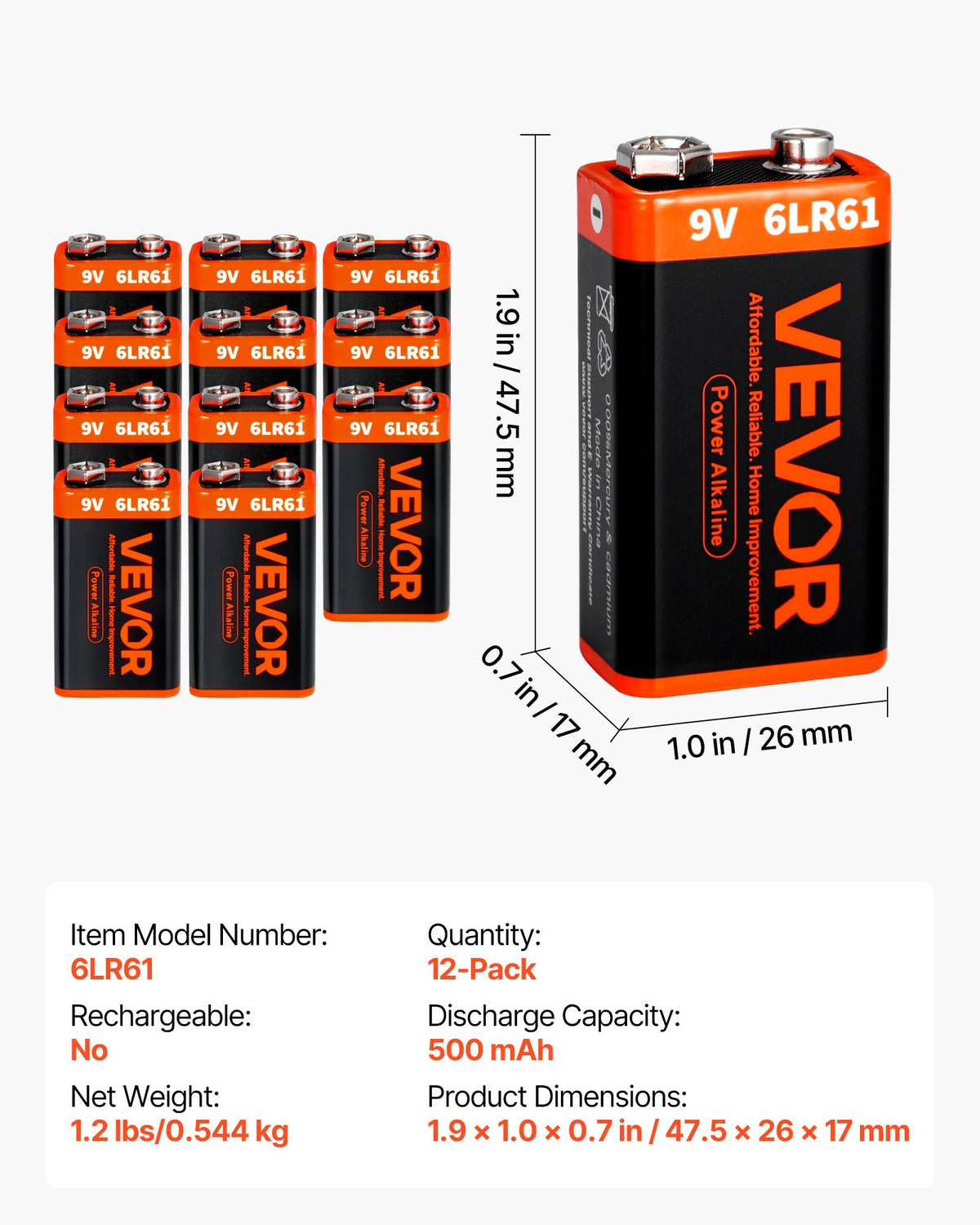 VEVOR 9V Alkaline Batteries, 12-Pack, 9 Volt Square Battery for Smoke Detector, 10-Year Shelf Life, Long Lasting, All-Purpose, for Fire Alarm, Household Office Business Devices, Electronics & Audio - BKCDJXDX12JT0KLEJ001V9 - view 8