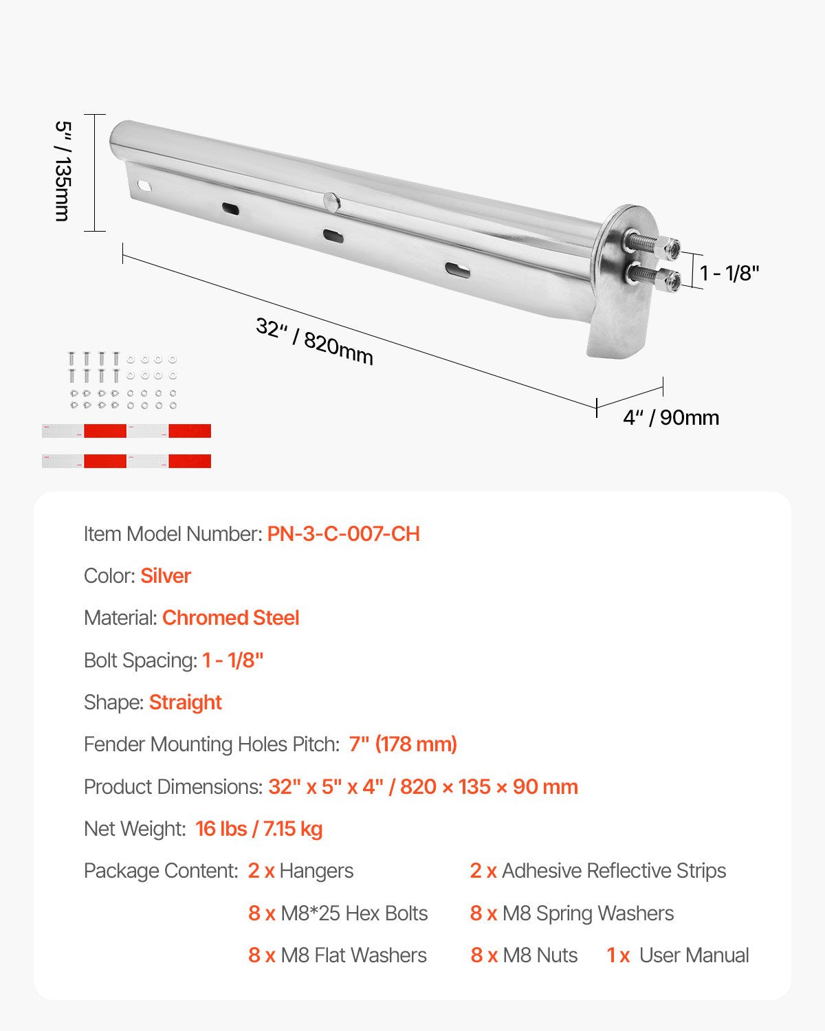 VEVOR Chrome Straight Spring Loaded Mud Flap Hangers, 1-1/8" Bolt Spacing Mudflap Hangers for Semi Trucks, 1 Pair Heavy Duty Semi Truck Mud Flap Hanger Set with Reflective Strips, Silver - BKCDNBDJ118ICS6OP001V0 - view 8