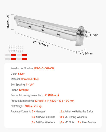 VEVOR Chrome Straight Spring Loaded Mud Flap Hangers, 1-1/8" Bolt Spacing Mudflap Hangers for Semi Trucks, 1 Pair Heavy Duty Semi Truck Mud Flap Hanger Set with Reflective Strips, Silver - BKCDNBDJ118ICS6OP001V0 - view 8