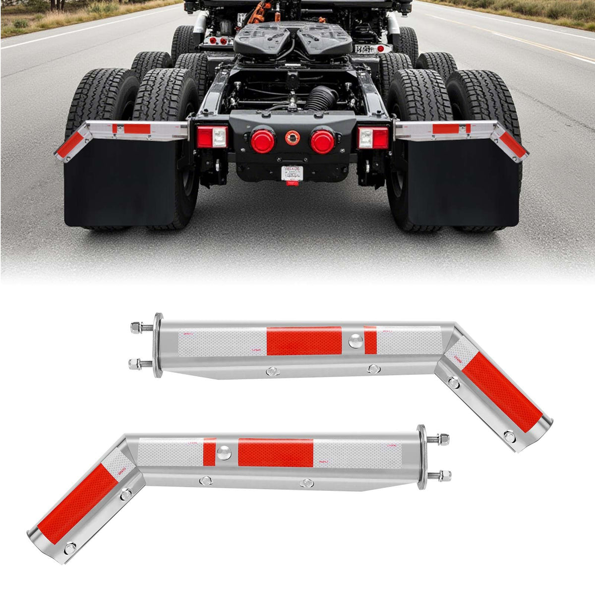VEVOR Stainless Steel Angled Spring Loaded Mud Flap Hangers, 2-1/2" Bolt Spacing Mudflap Hangers for Semi Trucks, 1 Pair Heavy Duty Semi Truck Mud Flap Hanger Set with Reflective Strips, Silver - BKCDNBDJ212ILJ4FL001V0 - view 1