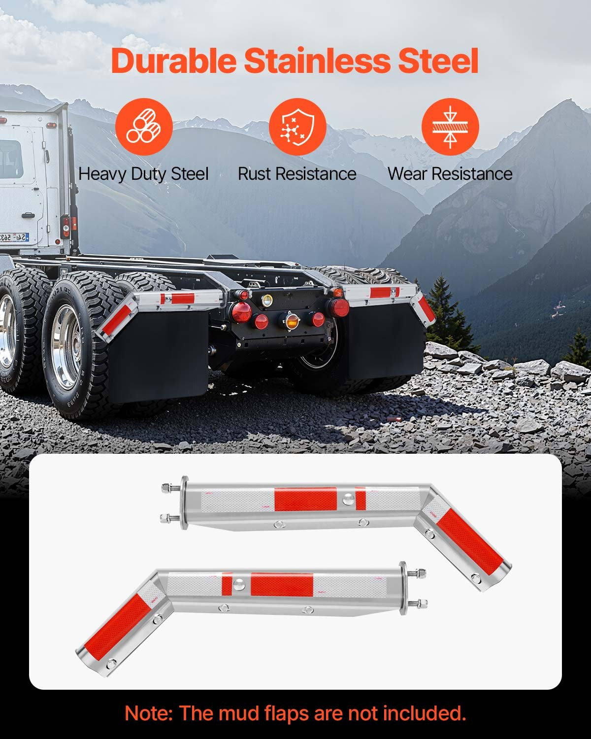 VEVOR Stainless Steel Angled Spring Loaded Mud Flap Hangers, 2-1/2" Bolt Spacing Mudflap Hangers for Semi Trucks, 1 Pair Heavy Duty Semi Truck Mud Flap Hanger Set with Reflective Strips, Silver - BKCDNBDJ212ILJ4FL001V0 - view 4