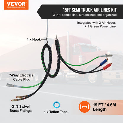VEVOR 12FT Semi Truck Air Lines Kit, 3-in-1 Air Hoses & ABS Power Line for Semi Truck Trailer Tractor, 7-Way Plug Electrical Cord Cable and Rubber Air Lines Hose Assembly Kit with Hook & Teflon Tape - BKCKQRGTJSHYNJPDRV9 - view 3