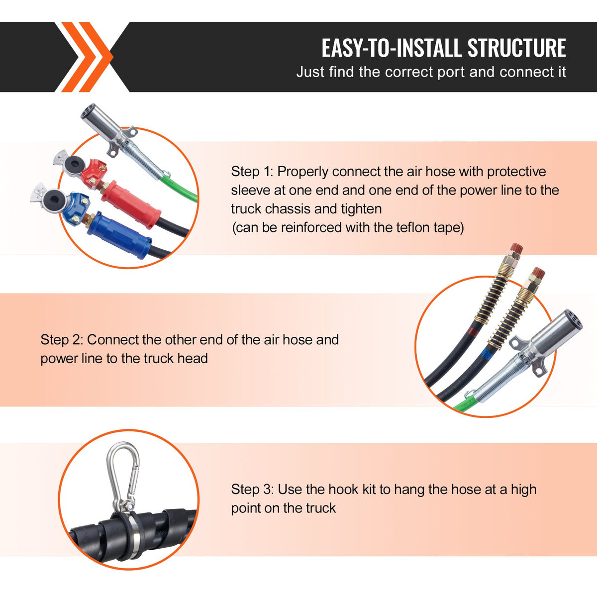 VEVOR 12FT Semi Truck Air Lines Kit, 3-in-1 Air Hoses & ABS Power Line for Semi Truck Trailer Tractor, 7-Way Plug Electrical Cord Cable and Rubber Air Lines Hose Assembly Kit with Hook & Teflon Tape - BKCKQRGTJSHYNJPDRV9 - view 7