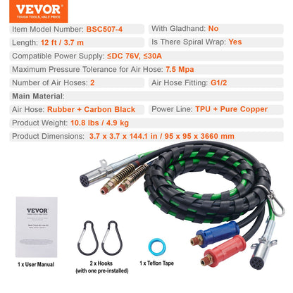 VEVOR 12FT Semi Truck Air Lines Kit, 3-in-1 Air Hoses & ABS Power Line for Semi Truck Trailer Tractor, 7-Way Plug Electrical Cord Cable and Rubber Air Lines Hose Assembly Kit with Hook & Teflon Tape - BKCKQRGTJSHYNJPDRV9 - view 8