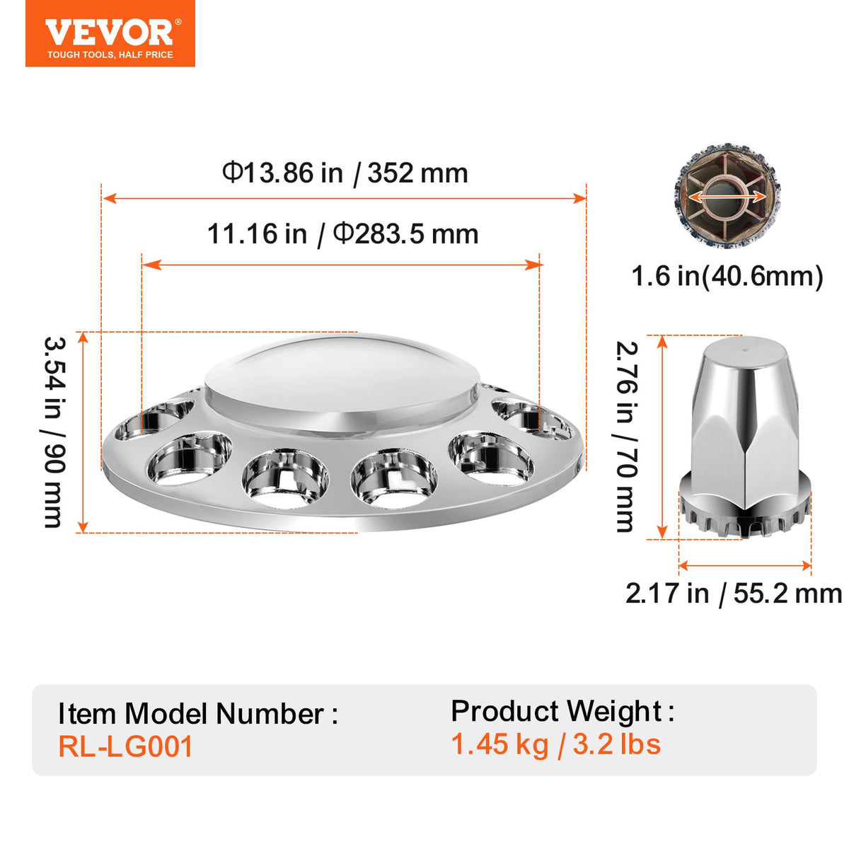 VEVOR Front Axle Wheel Covers, Dome Axle Cover for Semi Truck, ABS Electroplate Rust-Resistant Lug Nut Covers, Universal Fit, Installation Tool Included, Complete Axle Cover Combo Kit - BKCZGTJYDX2FS9XCRV0 - view 8