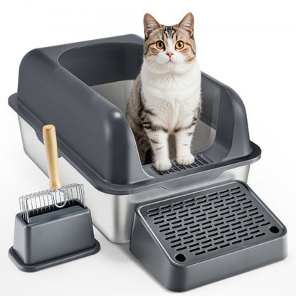 VEVOR Cat Litter Box, 6 inches Deep, XL Extra Large Stainless Steel Cat Litter Box with Scoop, Wide Filtering Foot Board & High Sides, Enclosed Odor-Free Easy-to-Clean Litter Box, Fit for Big Cats - BKFSMSPSHSBX1JXH4V0 - view 2