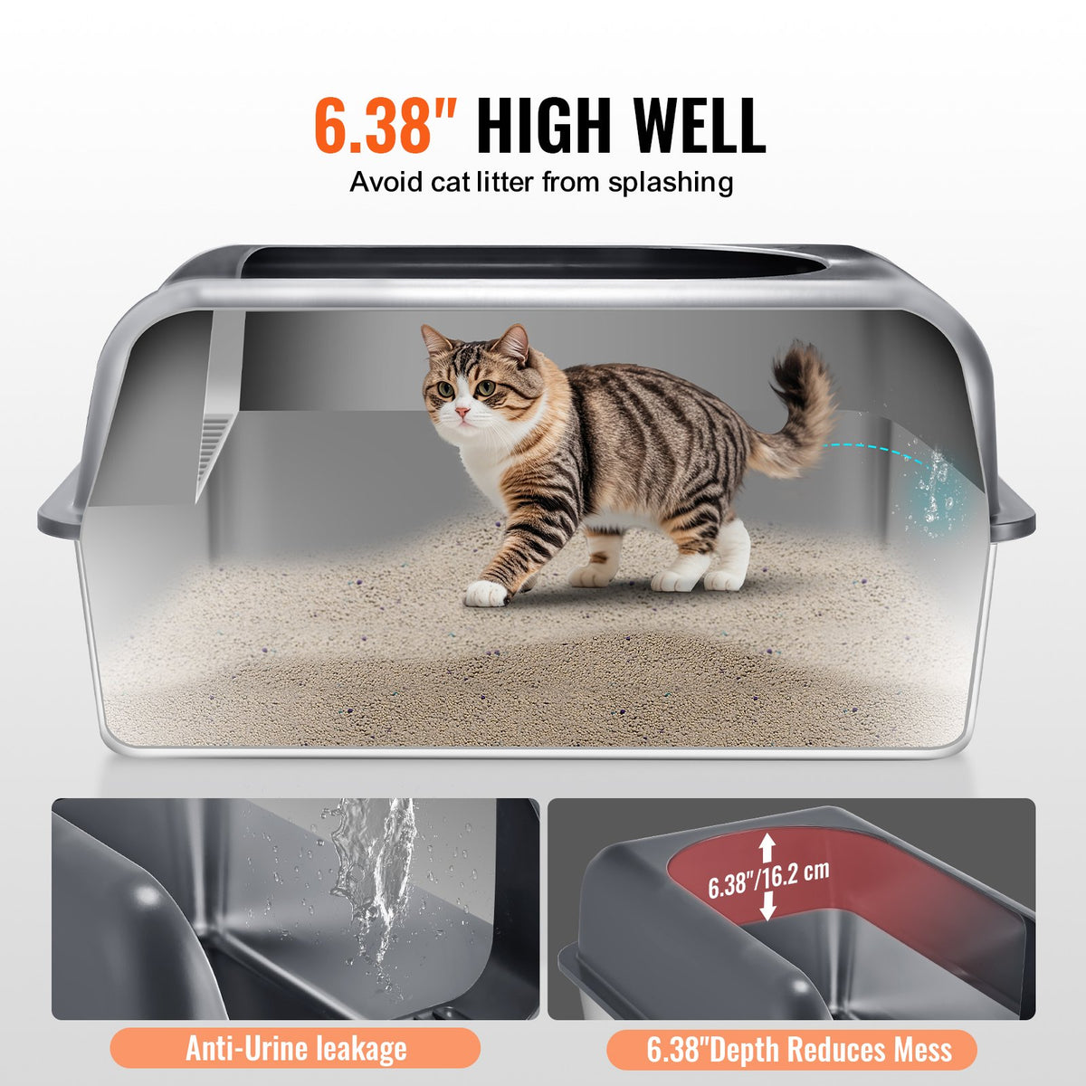 VEVOR Cat Litter Box, 6 inches Deep, XL Extra Large Stainless Steel Cat Litter Box with Scoop, Wide Filtering Foot Board & High Sides, Enclosed Odor-Free Easy-to-Clean Litter Box, Fit for Big Cats - BKFSMSPSHSBX1JXH4V0 - view 3
