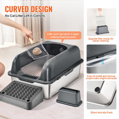 VEVOR Cat Litter Box, 6 inches Deep, XL Extra Large Stainless Steel Cat Litter Box with Scoop, Wide Filtering Foot Board & High Sides, Enclosed Odor-Free Easy-to-Clean Litter Box, Fit for Big Cats - BKFSMSPSHSBX1JXH4V0 - view 4