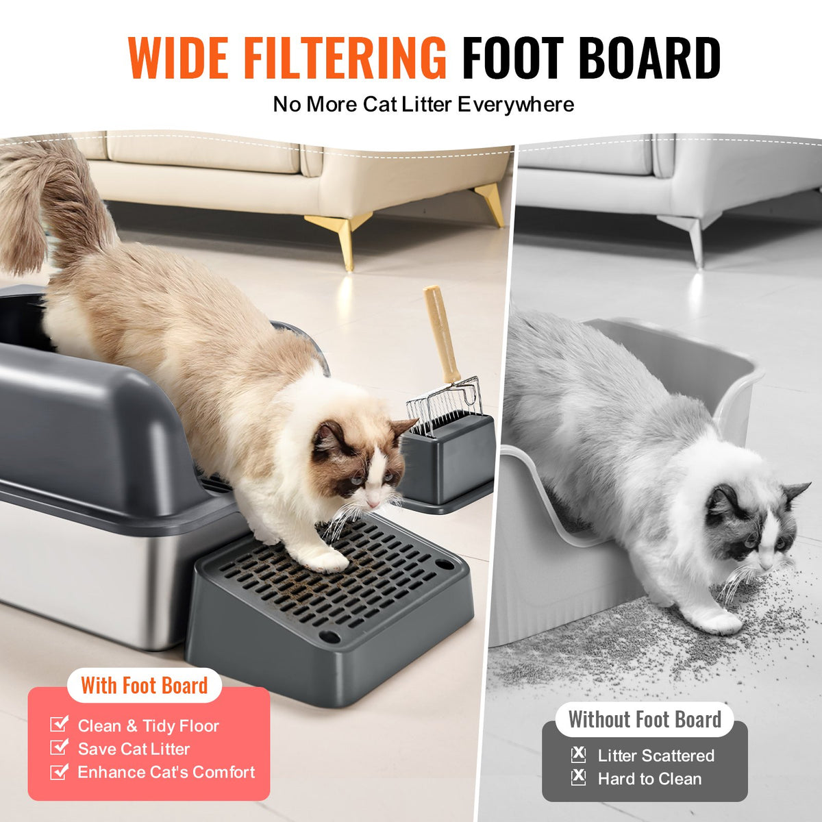 VEVOR Cat Litter Box, 6 inches Deep, XL Extra Large Stainless Steel Cat Litter Box with Scoop, Wide Filtering Foot Board & High Sides, Enclosed Odor-Free Easy-to-Clean Litter Box, Fit for Big Cats - BKFSMSPSHSBX1JXH4V0 - view 5