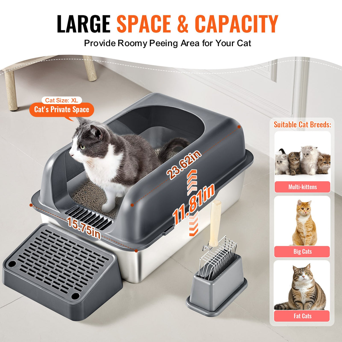 VEVOR Cat Litter Box, 6 inches Deep, XL Extra Large Stainless Steel Cat Litter Box with Scoop, Wide Filtering Foot Board & High Sides, Enclosed Odor-Free Easy-to-Clean Litter Box, Fit for Big Cats - BKFSMSPSHSBX1JXH4V0 - view 6