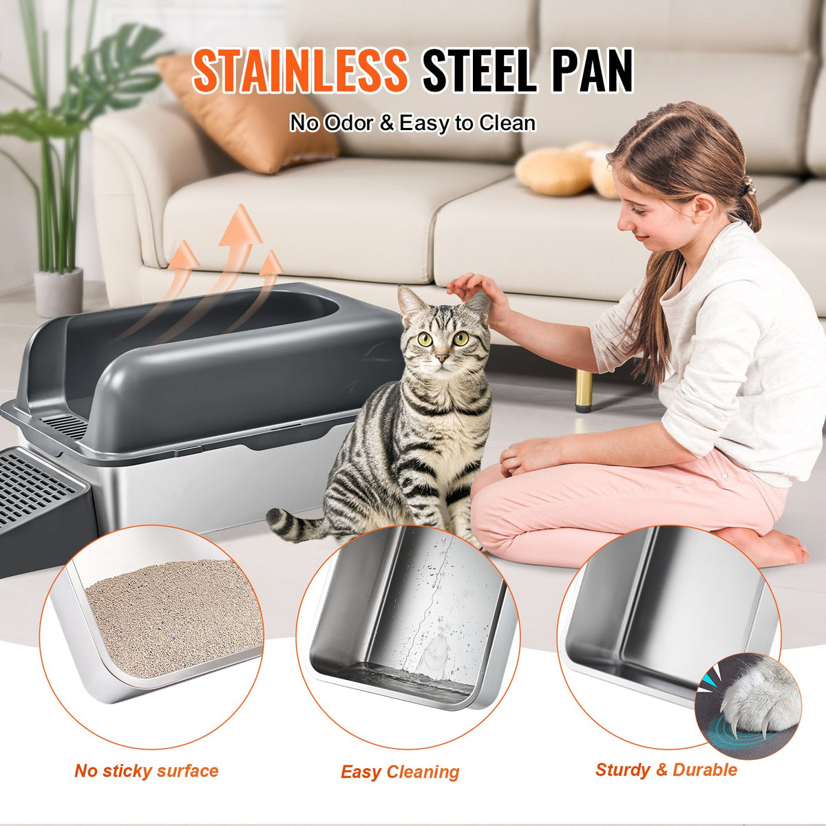 VEVOR Cat Litter Box, 6 inches Deep, XL Extra Large Stainless Steel Cat Litter Box with Scoop, Wide Filtering Foot Board & High Sides, Enclosed Odor-Free Easy-to-Clean Litter Box, Fit for Big Cats - BKFSMSPSHSBX1JXH4V0 - view 7
