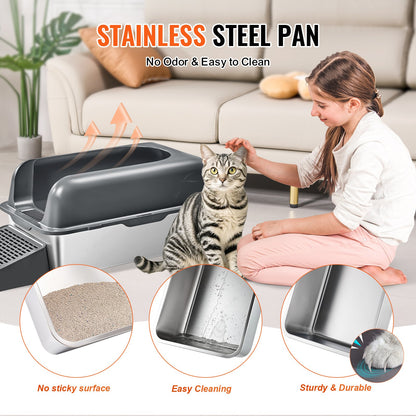 VEVOR Cat Litter Box, 6 inches Deep, XL Extra Large Stainless Steel Cat Litter Box with Scoop, Wide Filtering Foot Board & High Sides, Enclosed Odor-Free Easy-to-Clean Litter Box, Fit for Big Cats - BKFSMSPSHSBX1JXH4V0 - view 7
