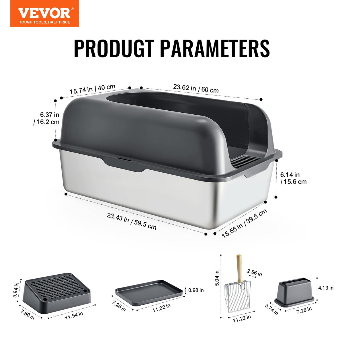 VEVOR Cat Litter Box, 6 inches Deep, XL Extra Large Stainless Steel Cat Litter Box with Scoop, Wide Filtering Foot Board & High Sides, Enclosed Odor-Free Easy-to-Clean Litter Box, Fit for Big Cats - BKFSMSPSHSBX1JXH4V0 - view 8