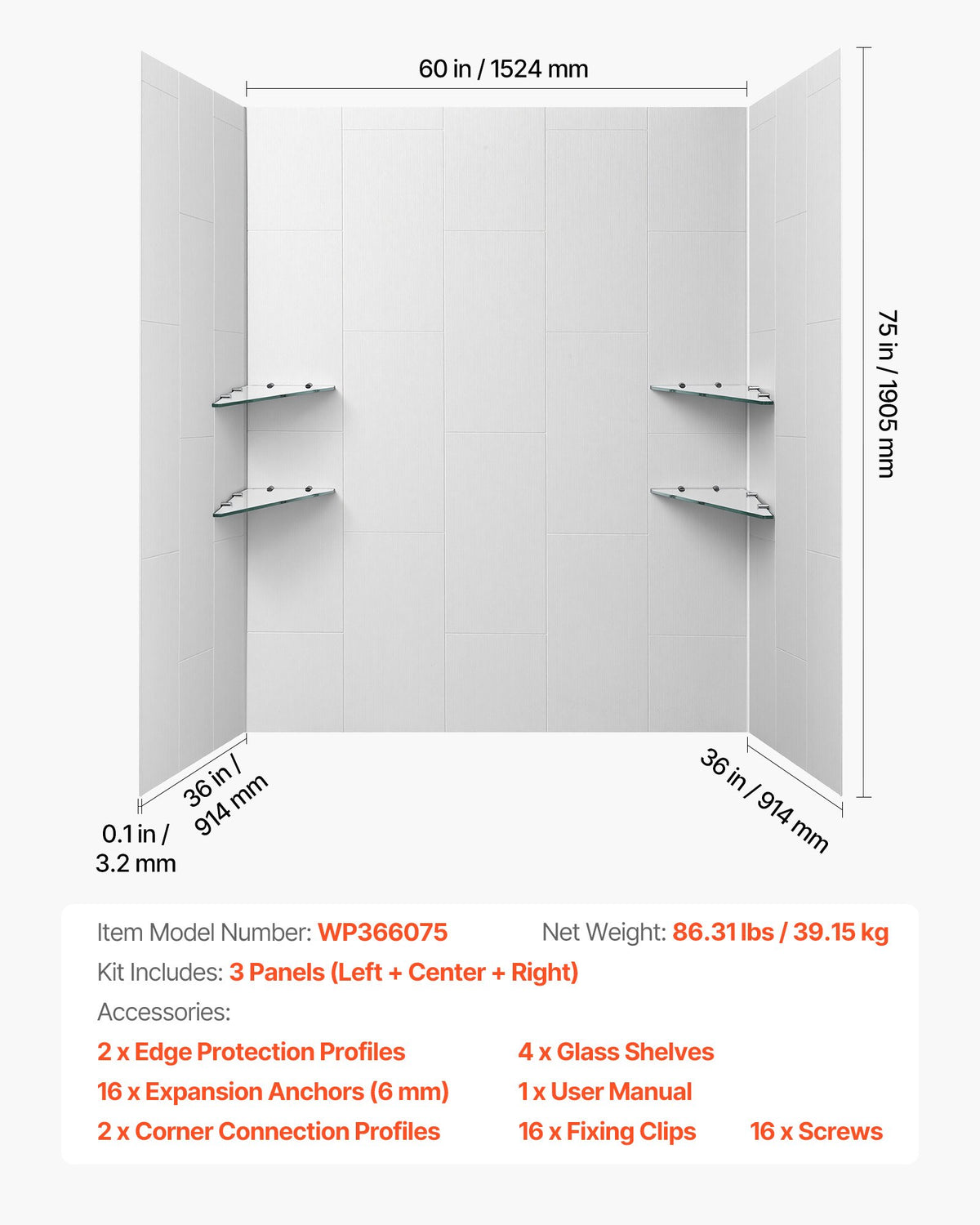 VEVOR Shower Wall Panels, 60" W x 36" D x 75" H, 0.14" (3.5 mm) Thick, 3-Panel Waterproof SMC Shower Surround Kit, Quick Install and Trimmable Bathroom Tub Wall Panel Surround Kit with 4 Glass Shelves - BKLYQHZWHJZMT01YB001V0 - view 3