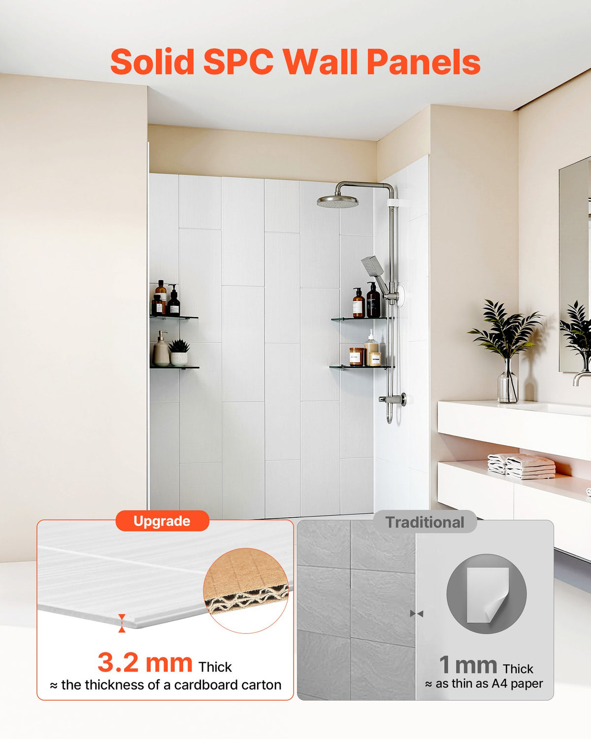 VEVOR Shower Wall Panels, 60" W x 36" D x 75" H, 0.14" (3.5 mm) Thick, 3-Panel Waterproof SMC Shower Surround Kit, Quick Install and Trimmable Bathroom Tub Wall Panel Surround Kit with 4 Glass Shelves - BKLYQHZWHJZMT01YB001V0 - view 5