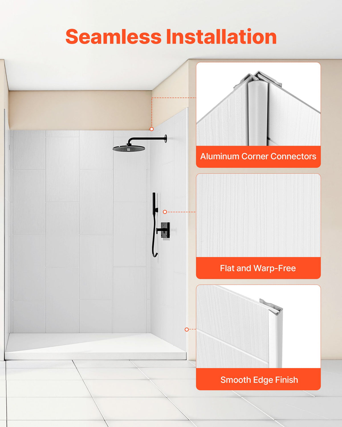 VEVOR Shower Wall Panels, 60" W x 36" D x 75" H, 0.14" (3.5 mm) Thick, 3-Panel Waterproof SMC Shower Surround Kit, Quick Install and Trimmable Bathroom Tub Wall Panel Surround Kit with 4 Glass Shelves - BKLYQHZWHJZMT01YB001V0 - view 6