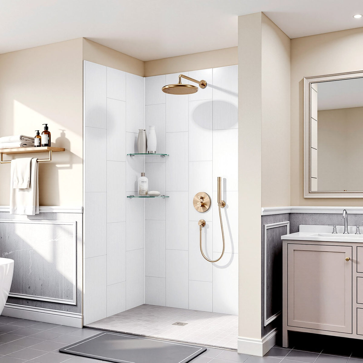 VEVOR Shower Wall Panels, 60" W x 36" D x 75" H, 0.14" (3.5 mm) Thick, 3-Panel Waterproof SMC Shower Surround Kit, Quick Install and Trimmable Bathroom Tub Wall Panel Surround Kit with 4 Glass Shelves - BKLYQHZWHJZMT01YB001V0 - view 9