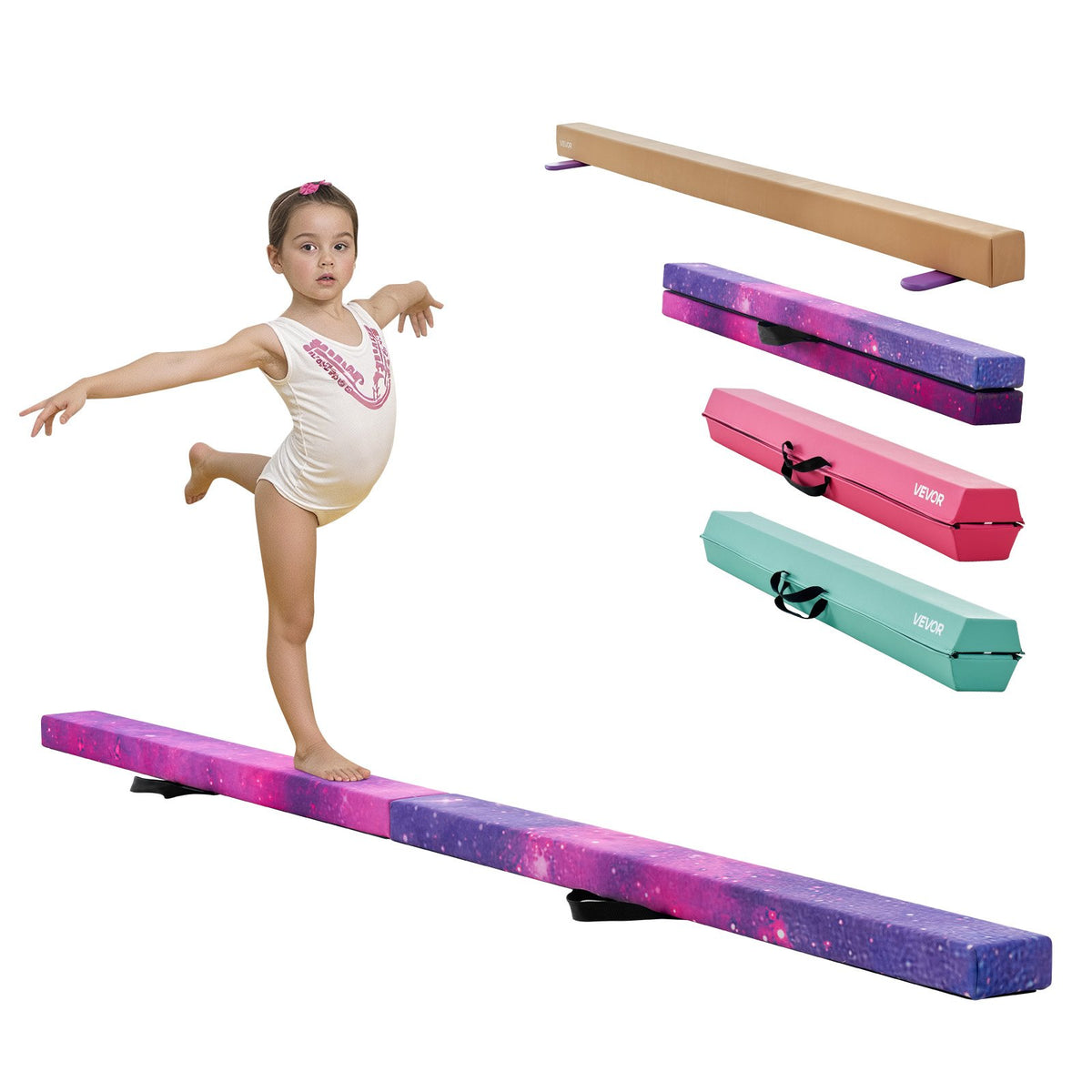 VEVOR 8FT Folding Balance Beam for Kids, 300LBS Stable Support Gymnastics Floor Beam with Non-Slip Mat, Wood-Core Gymnastics Training Equipment with Anti-Slip Bottom & Carry Bag for Home Gym, Galaxy - BKSJPHM8FT4I5V6S9001V0 - view 1
