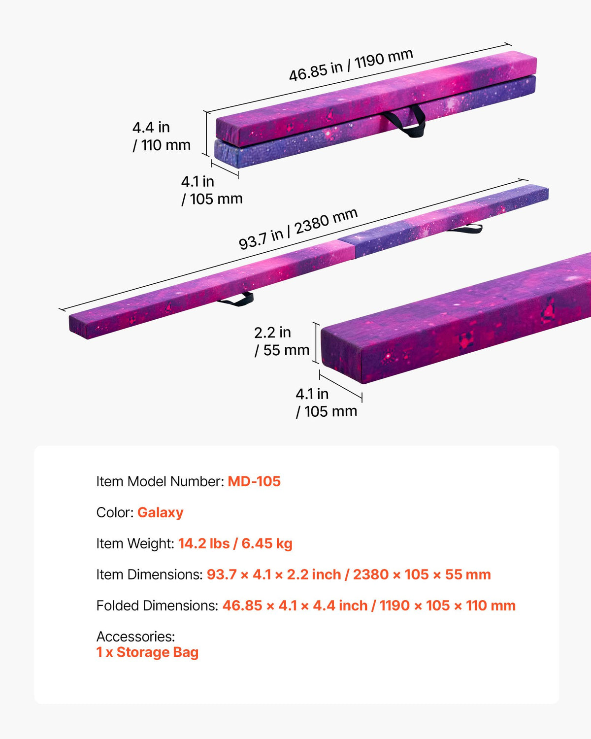 VEVOR 8FT Folding Balance Beam for Kids, 300LBS Stable Support Gymnastics Floor Beam with Non-Slip Mat, Wood-Core Gymnastics Training Equipment with Anti-Slip Bottom & Carry Bag for Home Gym, Galaxy - BKSJPHM8FT4I5V6S9001V0 - view 8