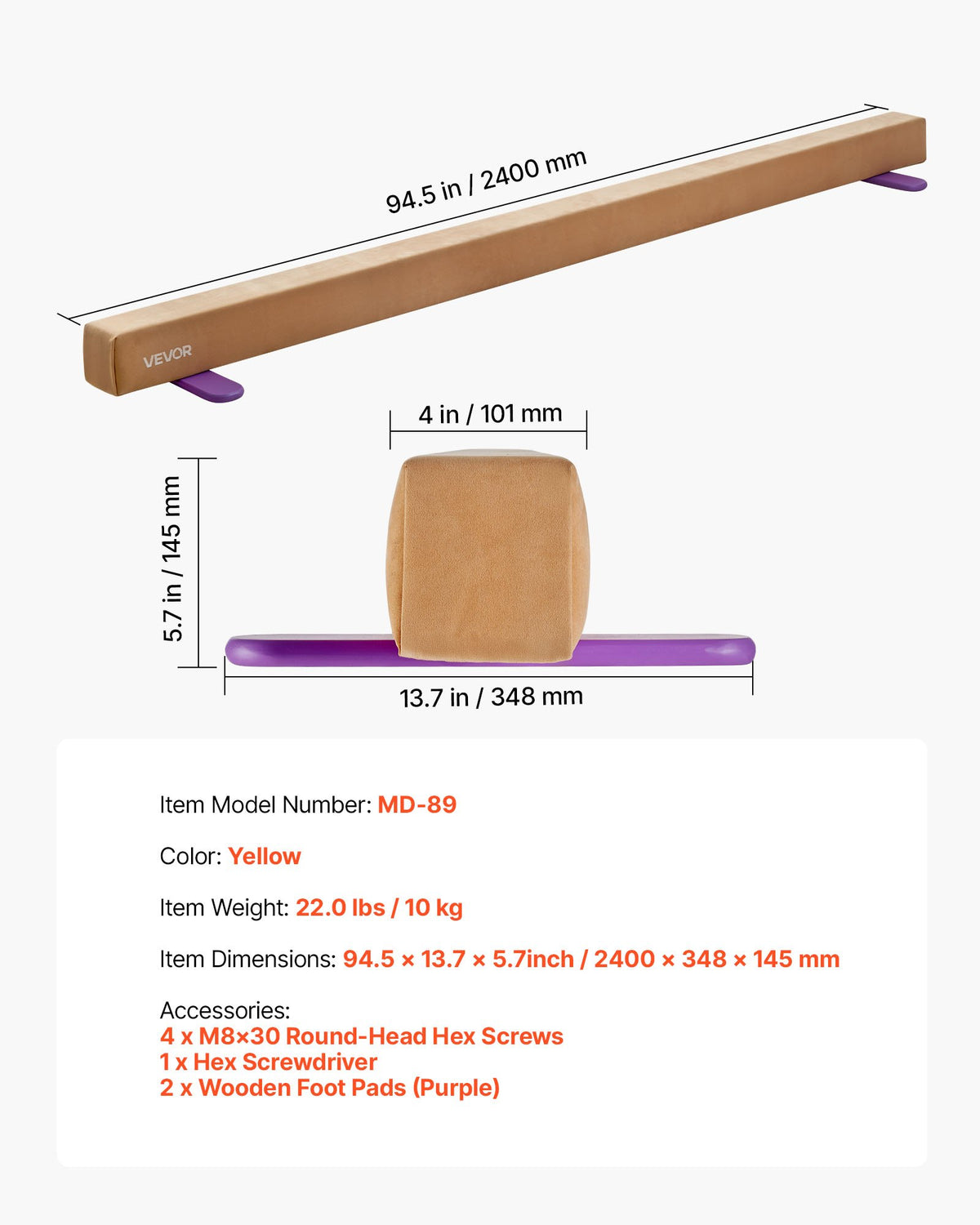 VEVOR 8FT Balance Beam for Kids, 350 LBS Stable Support Gymnastics Floor Beam with Non-Slip Wooden Mats, Wood-Core Gymnastics Training Equipment with Anti-Slip Bottom for Home and Gym, Yellow - BKSJPHM8FT4IC4RXL001V0 - view 8
