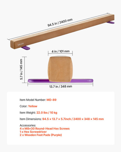 VEVOR 8FT Balance Beam for Kids, 350 LBS Stable Support Gymnastics Floor Beam with Non-Slip Wooden Mats, Wood-Core Gymnastics Training Equipment with Anti-Slip Bottom for Home and Gym, Yellow - BKSJPHM8FT4IC4RXL001V0 - view 8