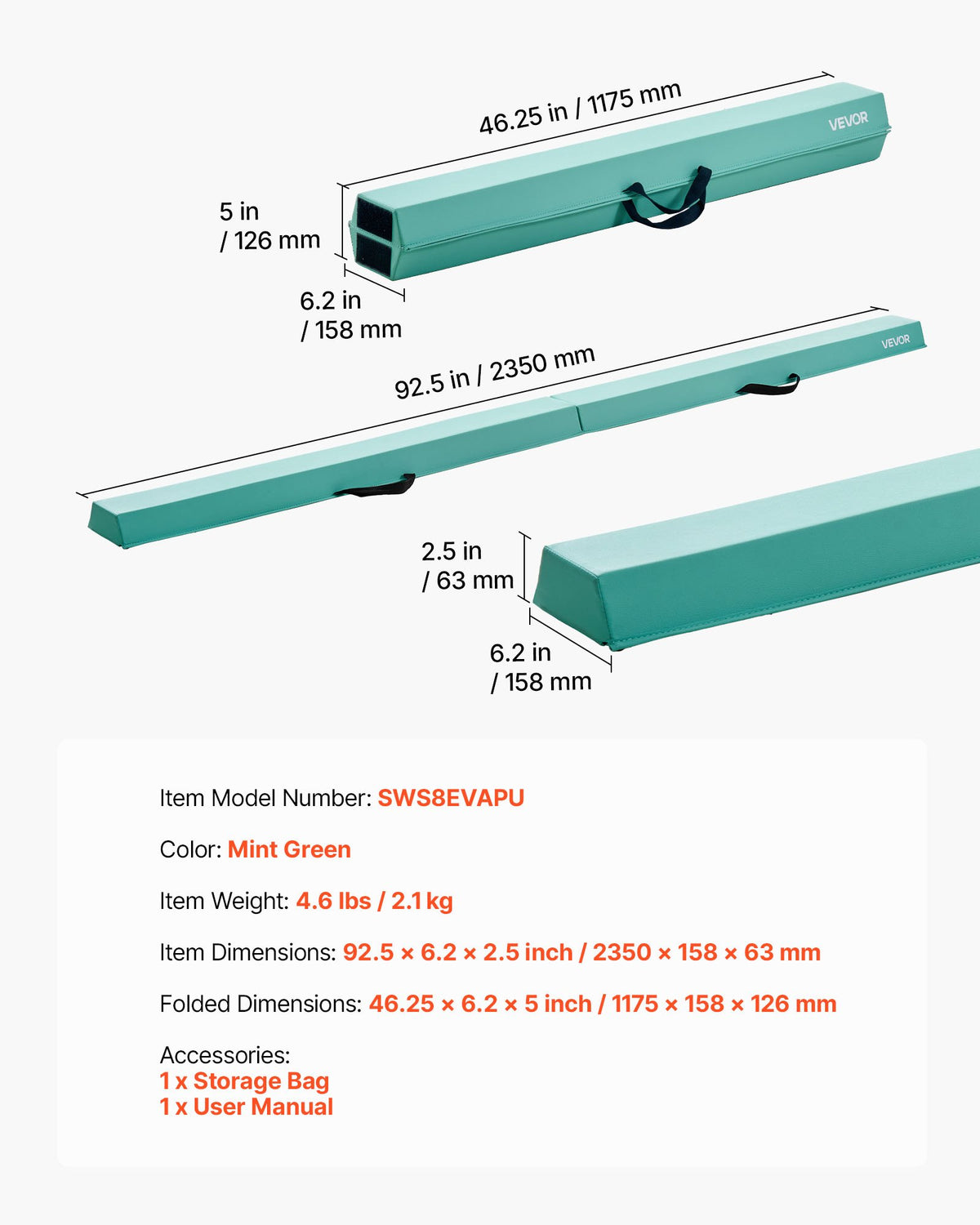 VEVOR 8FT Folding Balance Beam for Kids, 200LBS Stable Support Gymnastics Floor Beam with Non-Slip Mats, Gymnastics Training Equipment with Anti-Slip Bottom and Carrying Bag for Home Gym, Mint Green - BKSJPHM8FT6IAHKQQ001V0 - view 8