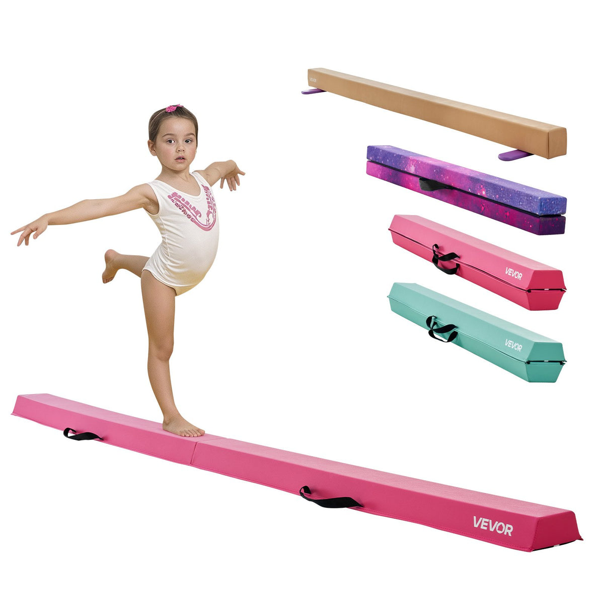VEVOR 8FT Folding Balance Beam for Kids, 200LBS Stable Support Gymnastics Floor Beam with Non-Slip Mats, Gymnastics Training Equipment with Anti-Slip Bottom and Carrying Bag for Home Gym, Pink - BKSJPHM8FT6IX9DEJ001V0 - view 1
