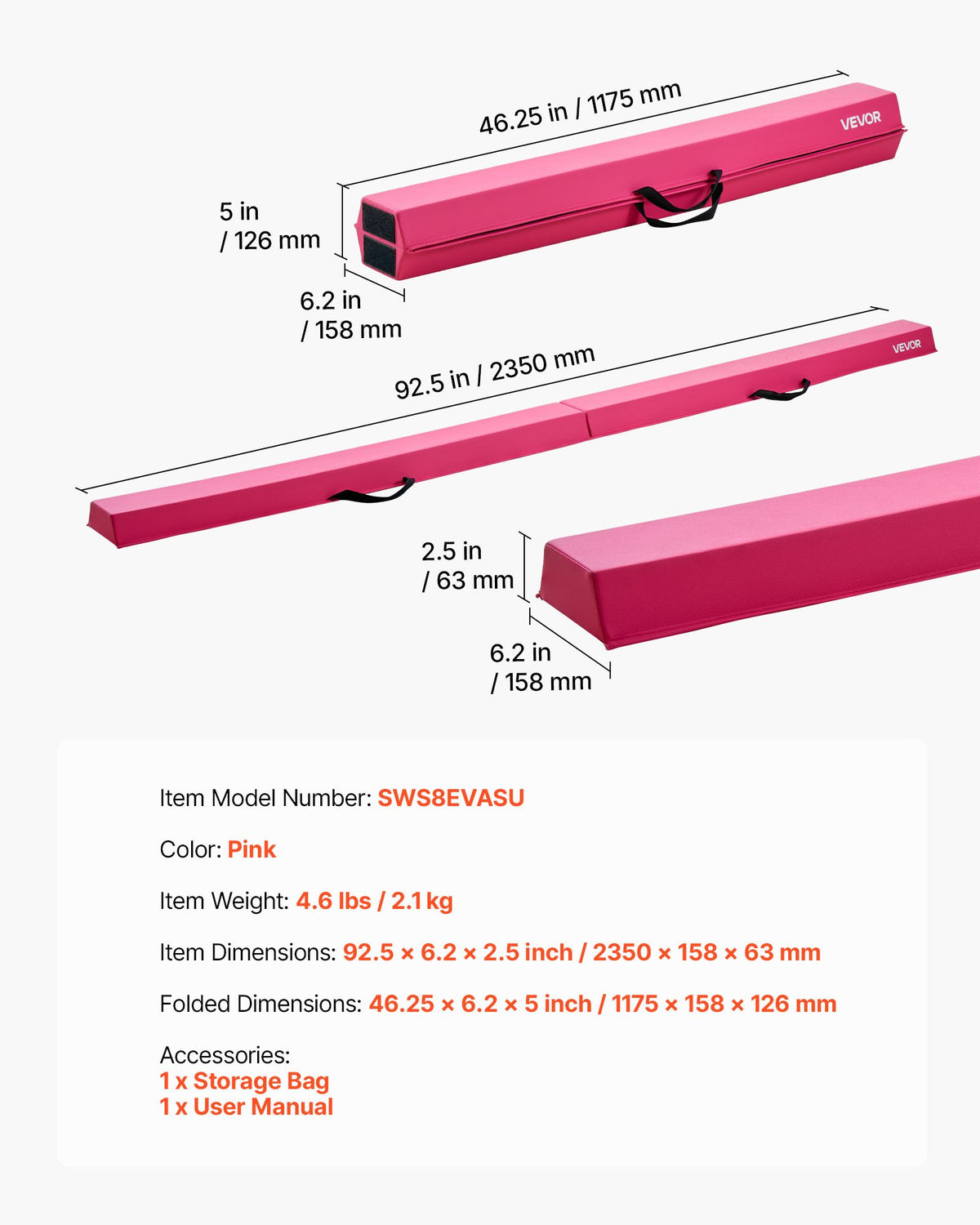 VEVOR 8FT Folding Balance Beam for Kids, 200LBS Stable Support Gymnastics Floor Beam with Non-Slip Mats, Gymnastics Training Equipment with Anti-Slip Bottom and Carrying Bag for Home Gym, Pink - BKSJPHM8FT6IX9DEJ001V0 - view 8