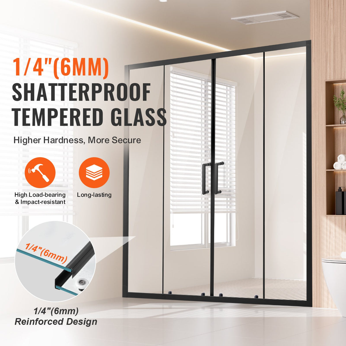 VEVOR Semi-frameless Shower Door, 57.8-59 W x 70 H in, Double Sliding Glass Door with 1/4 in(6mm) Clear Tempered Glass, Waterproof Shatterproof Stainproof with Stainless Steel Hardware, Matte Black - BKSMTLYSM60WI32EB001V0 - view 3