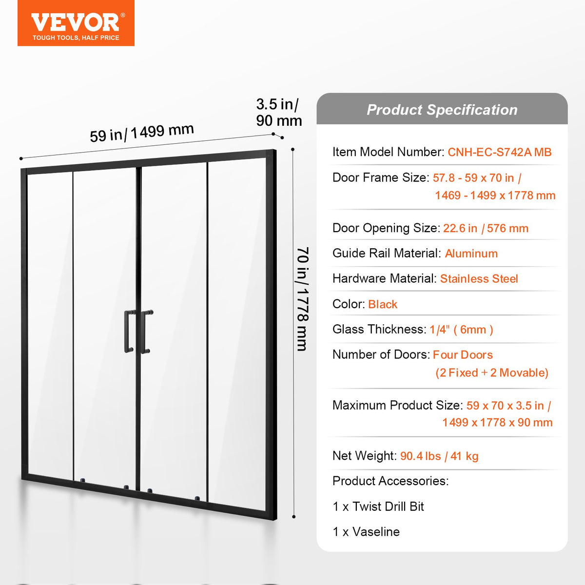 VEVOR Semi-frameless Shower Door, 57.8-59 W x 70 H in, Double Sliding Glass Door with 1/4 in(6mm) Clear Tempered Glass, Waterproof Shatterproof Stainproof with Stainless Steel Hardware, Matte Black - BKSMTLYSM60WI32EB001V0 - view 8