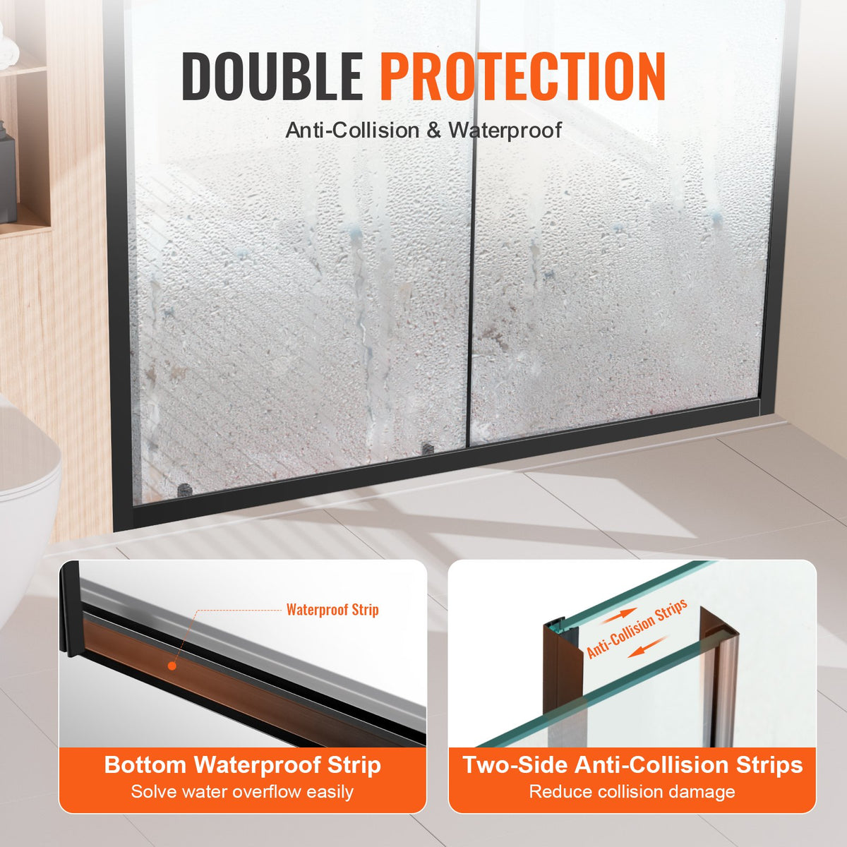 VEVOR Semi-frameless Shower Door, 57.7-59 W x 70 H in, Shower Sliding Glass Door with 1/4 in(6mm) Clear Tempered Glass, Waterproof Shatterproof Stainproof with Stainless Steel Hardware, Matte Black - BKSYMTLYSM60JZDFX001V0 - view 7
