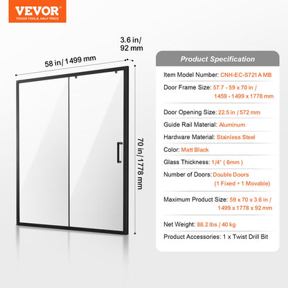 VEVOR Semi-frameless Shower Door, 57.7-59 W x 70 H in, Shower Sliding Glass Door with 1/4 in(6mm) Clear Tempered Glass, Waterproof Shatterproof Stainproof with Stainless Steel Hardware, Matte Black - BKSYMTLYSM60JZDFX001V0 - view 8