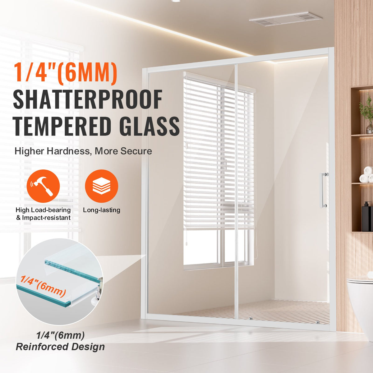VEVOR Semi-frameless Shower Door, 57.7-59 W x 70 H in, Shower Sliding Glass Door with 1/4 in(6mm) Clear Tempered Glass, Waterproof Shatterproof NANO Stainproof with Stainless Steel Hardware, Chrome - BKSYMTLYSM60WSGFJ001V0 - view 3