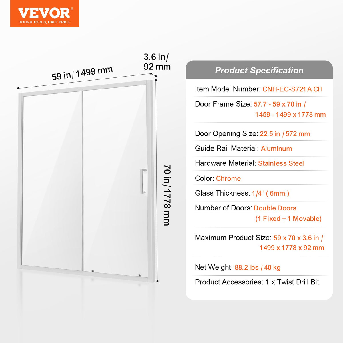 VEVOR Semi-frameless Shower Door, 57.7-59 W x 70 H in, Shower Sliding Glass Door with 1/4 in(6mm) Clear Tempered Glass, Waterproof Shatterproof NANO Stainproof with Stainless Steel Hardware, Chrome - BKSYMTLYSM60WSGFJ001V0 - view 8