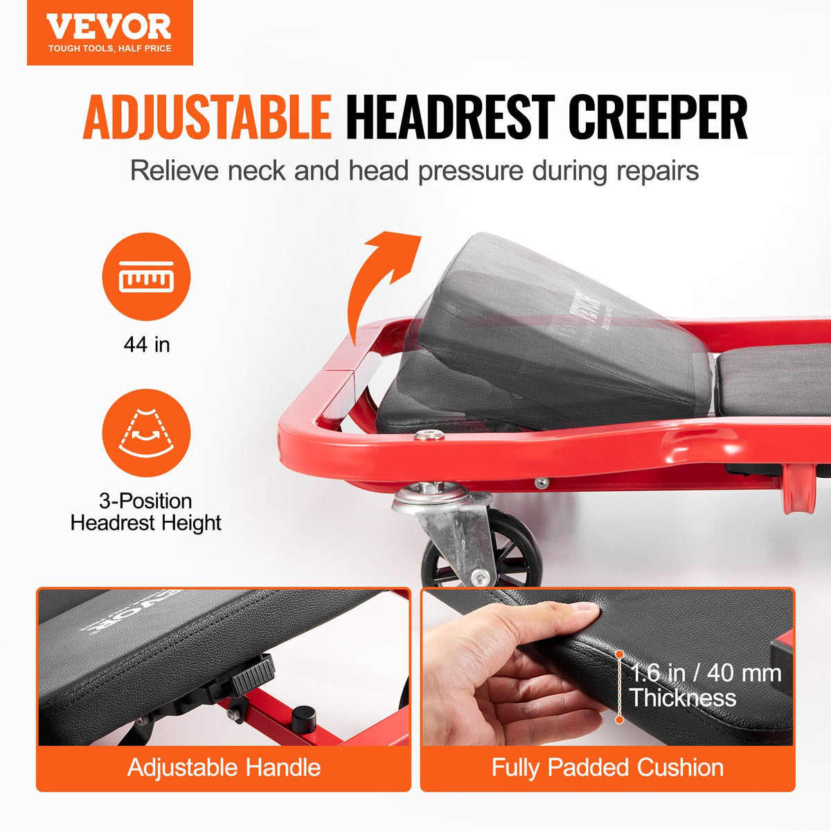VEVOR Mechanic Garage Creeper, 44-Inch, 300 lbs Capacity Automotive Rolling Creeper with 6 Casters Adjustable Cushioned Headrest Tool Tray, Heavy Duty Steel Frame for Garages, Repair Shops, and DIY - BKZDXCTB44YCBV8A0V0 - view 3