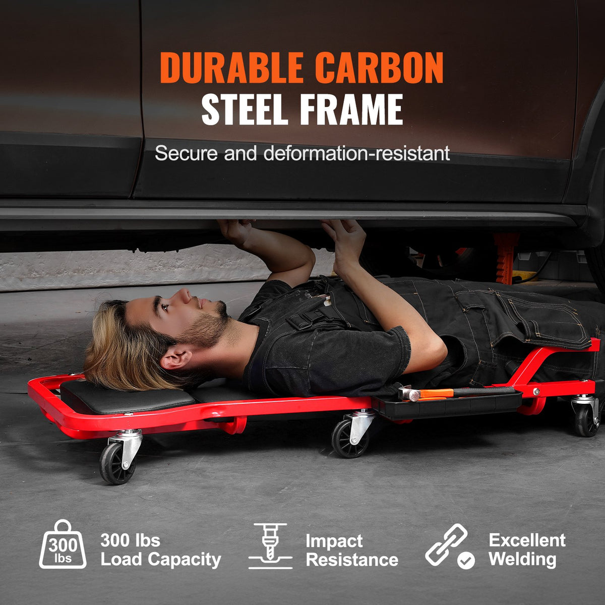 VEVOR Mechanic Garage Creeper, 44-Inch, 300 lbs Capacity Automotive Rolling Creeper with 6 Casters Adjustable Cushioned Headrest Tool Tray, Heavy Duty Steel Frame for Garages, Repair Shops, and DIY - BKZDXCTB44YCBV8A0V0 - view 4