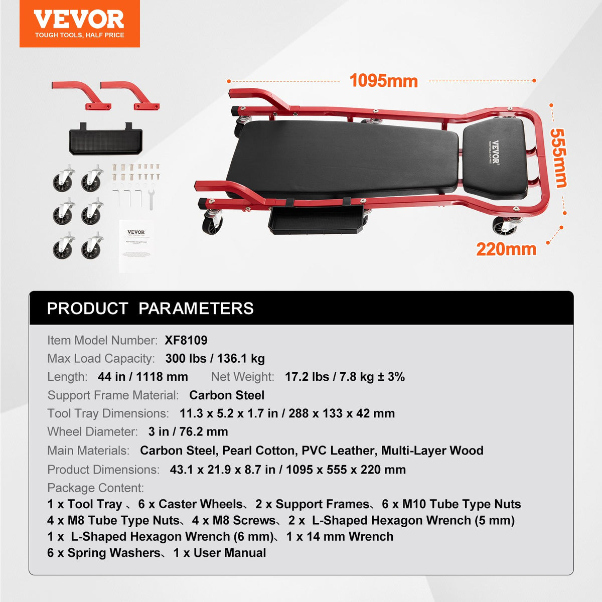 VEVOR Mechanic Garage Creeper, 44-Inch, 300 lbs Capacity Automotive Rolling Creeper with 6 Casters Adjustable Cushioned Headrest Tool Tray, Heavy Duty Steel Frame for Garages, Repair Shops, and DIY - BKZDXCTB44YCBV8A0V0 - view 8