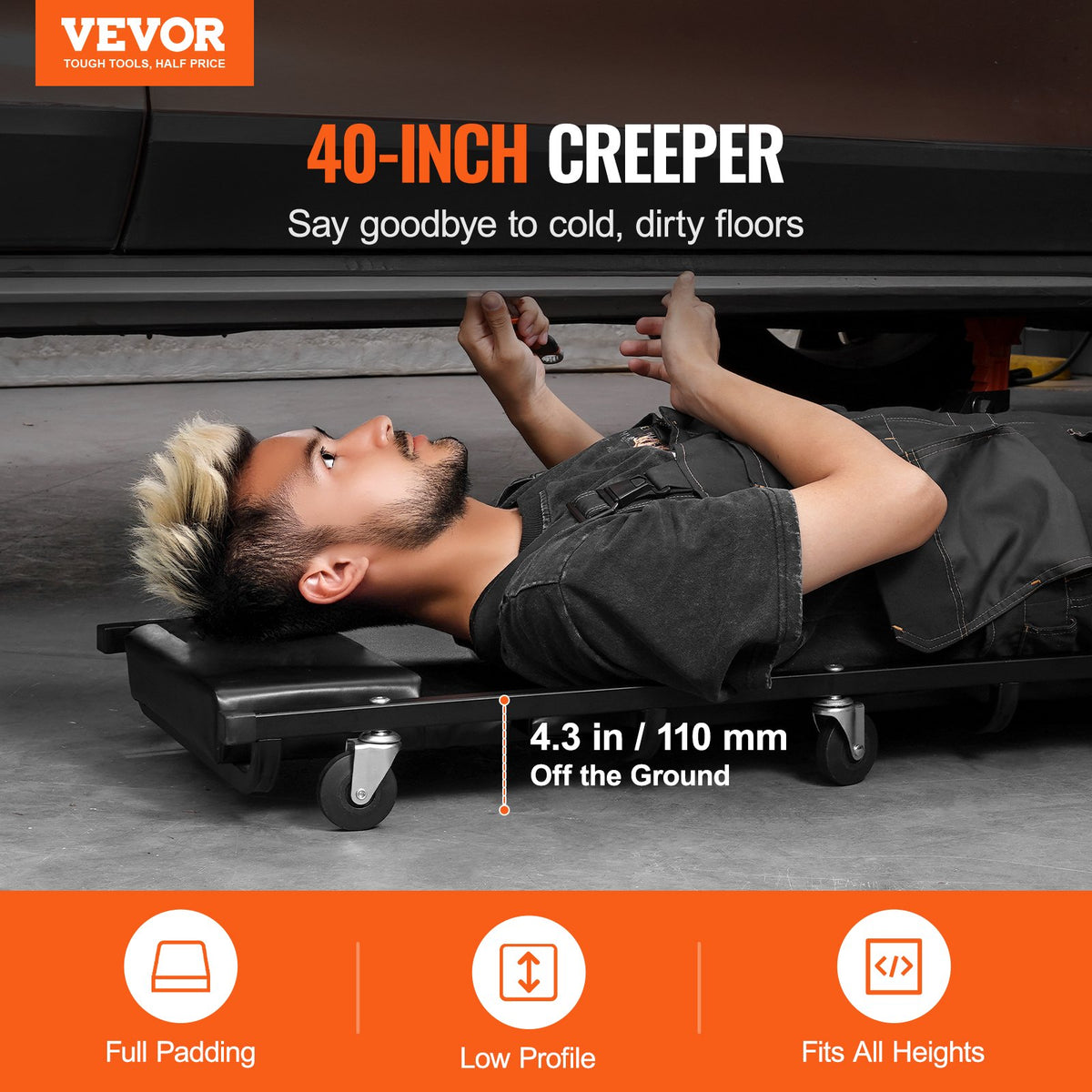 VEVOR Mechanic Garage Creeper, 40-Inch, 300 lbs Capacity Automotive Rolling Creeper with 6 Casters Adjustable Cushioned Headrest, Heavy Duty Steel Frame Low Profile for Garages, Repair Shops, and DIY - BKZDXCTBYXJ4ZXI52V0 - view 3