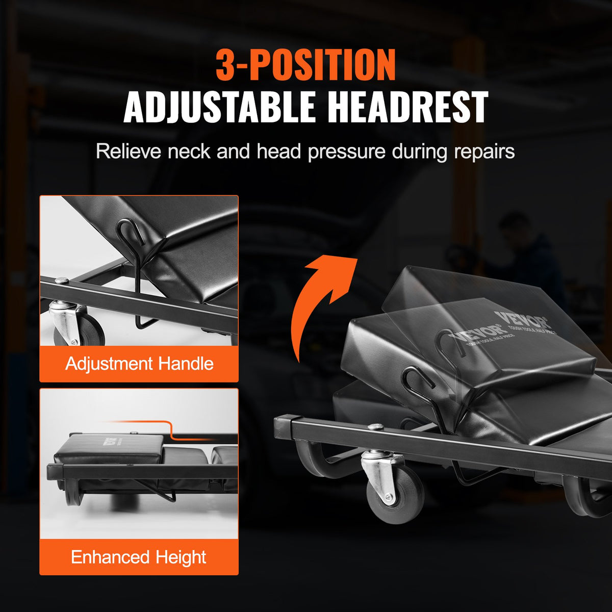 VEVOR Mechanic Garage Creeper, 40-Inch, 300 lbs Capacity Automotive Rolling Creeper with 6 Casters Adjustable Cushioned Headrest, Heavy Duty Steel Frame Low Profile for Garages, Repair Shops, and DIY - BKZDXCTBYXJ4ZXI52V0 - view 4