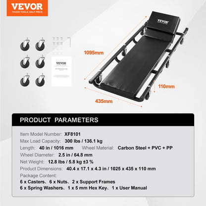 VEVOR Mechanic Garage Creeper, 40-Inch, 300 lbs Capacity Automotive Rolling Creeper with 6 Casters Adjustable Cushioned Headrest, Heavy Duty Steel Frame Low Profile for Garages, Repair Shops, and DIY - BKZDXCTBYXJ4ZXI52V0 - view 8
