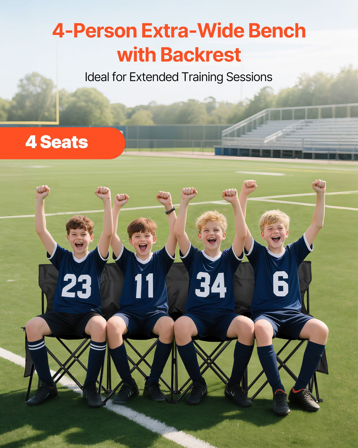 VEVOR Portable Folding Bench, 4 Seat Foldable Soccer Bench with Side Pockets and Carrying Bag, Lightweight Sideline Seating with Back Rest for Football, Baseball, Camping, Outdoor Events, Black - BKZDYDZY4SEAKI8OJ001V0 - view 3