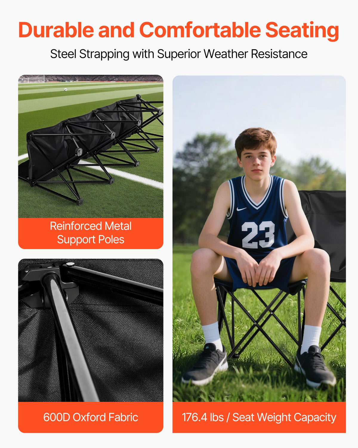 VEVOR Portable Folding Bench, 4 Seat Foldable Soccer Bench with Side Pockets and Carrying Bag, Lightweight Sideline Seating with Back Rest for Football, Baseball, Camping, Outdoor Events, Black - BKZDYDZY4SEAKI8OJ001V0 - view 4