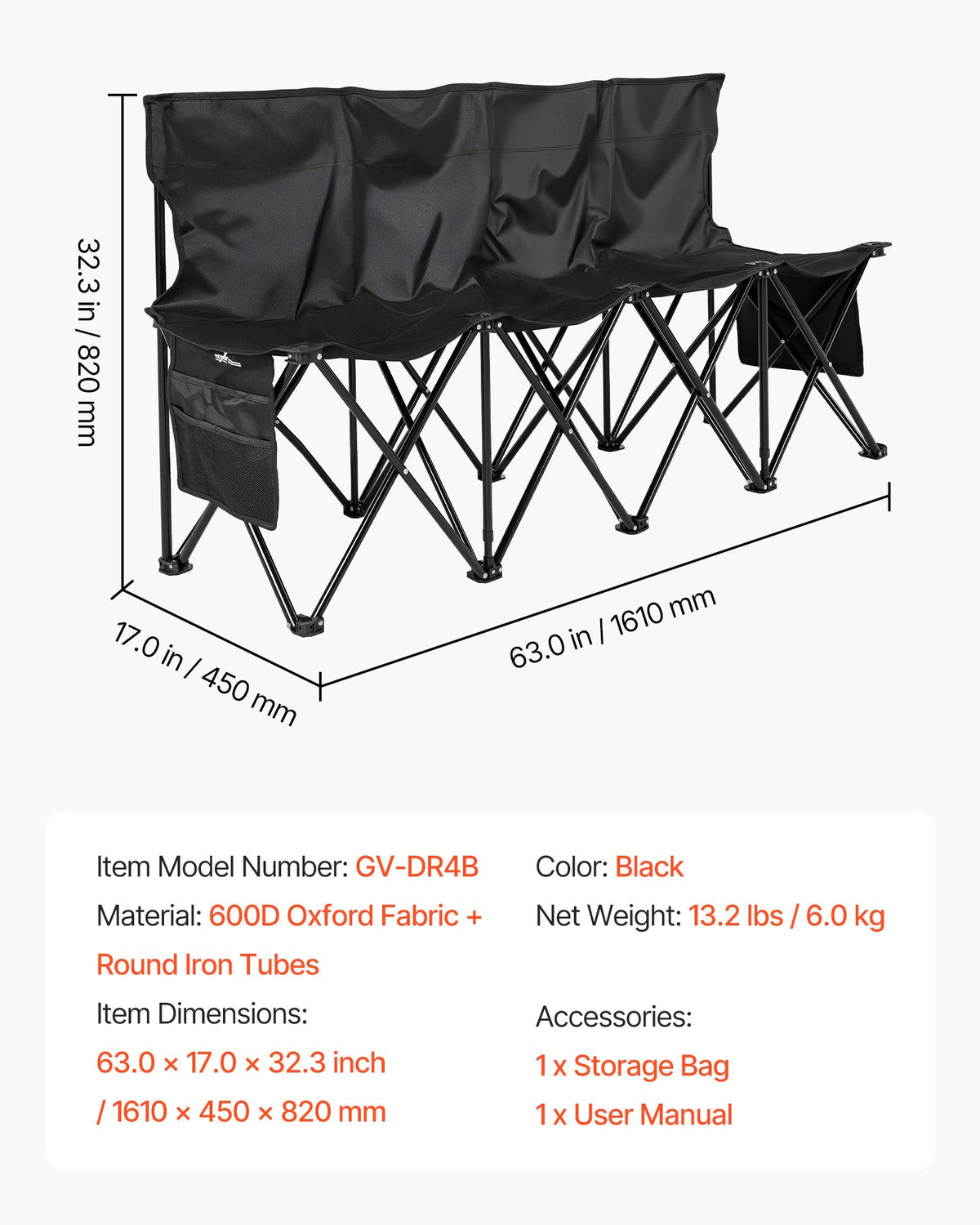 VEVOR Portable Folding Bench, 4 Seat Foldable Soccer Bench with Side Pockets and Carrying Bag, Lightweight Sideline Seating with Back Rest for Football, Baseball, Camping, Outdoor Events, Black - BKZDYDZY4SEAKI8OJ001V0 - view 8