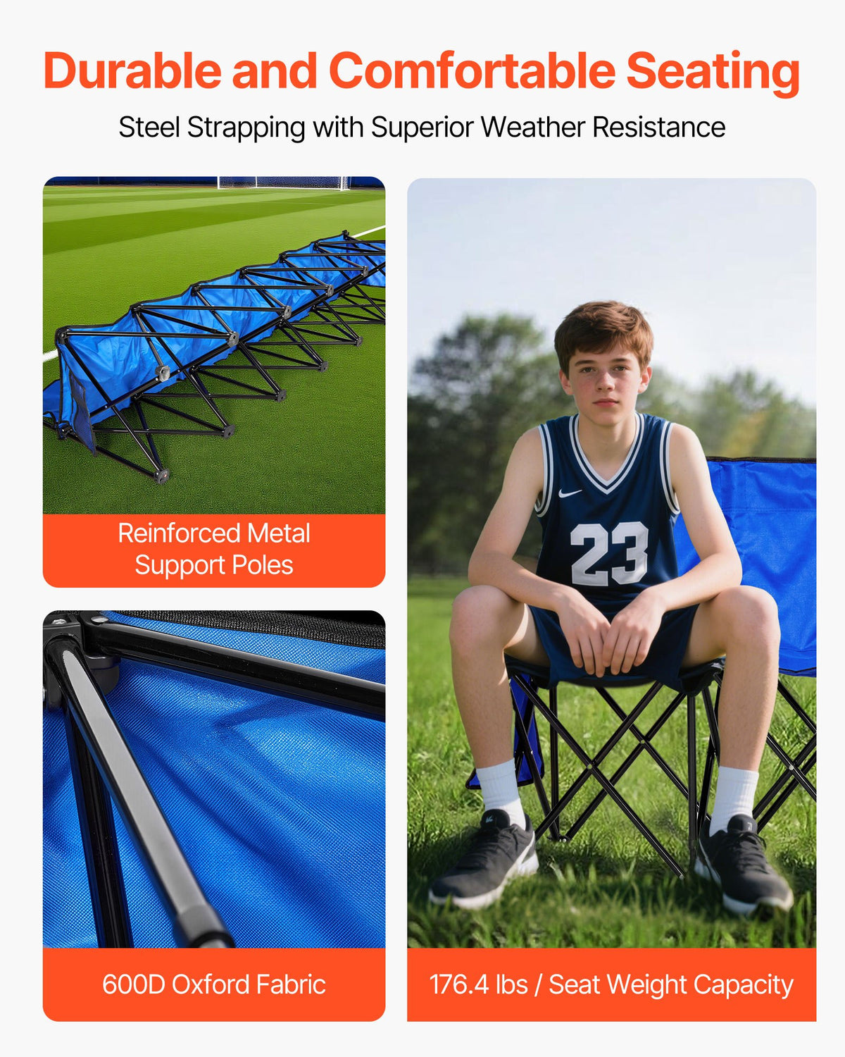 VEVOR Portable Folding Bench, 6 Seat Foldable Soccer Bench with Side Pockets and Carrying Bag, Lightweight Sideline Seating with Back Rest for Football, Baseball, Camping, Outdoor Events, Blue - BKZDYDZY6SEADS118001V0 - view 4