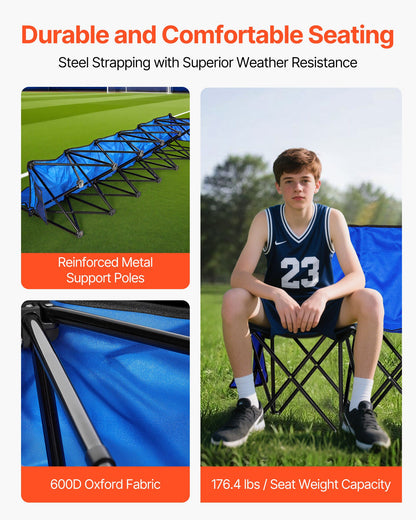 VEVOR Portable Folding Bench, 6 Seat Foldable Soccer Bench with Side Pockets and Carrying Bag, Lightweight Sideline Seating with Back Rest for Football, Baseball, Camping, Outdoor Events, Blue - BKZDYDZY6SEADS118001V0 - view 4