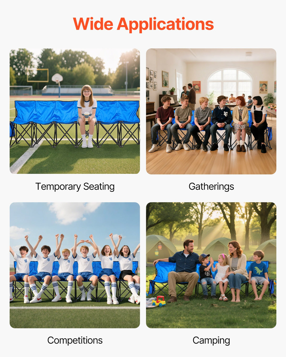 VEVOR Portable Folding Bench, 6 Seat Foldable Soccer Bench with Side Pockets and Carrying Bag, Lightweight Sideline Seating with Back Rest for Football, Baseball, Camping, Outdoor Events, Blue - BKZDYDZY6SEADS118001V0 - view 7