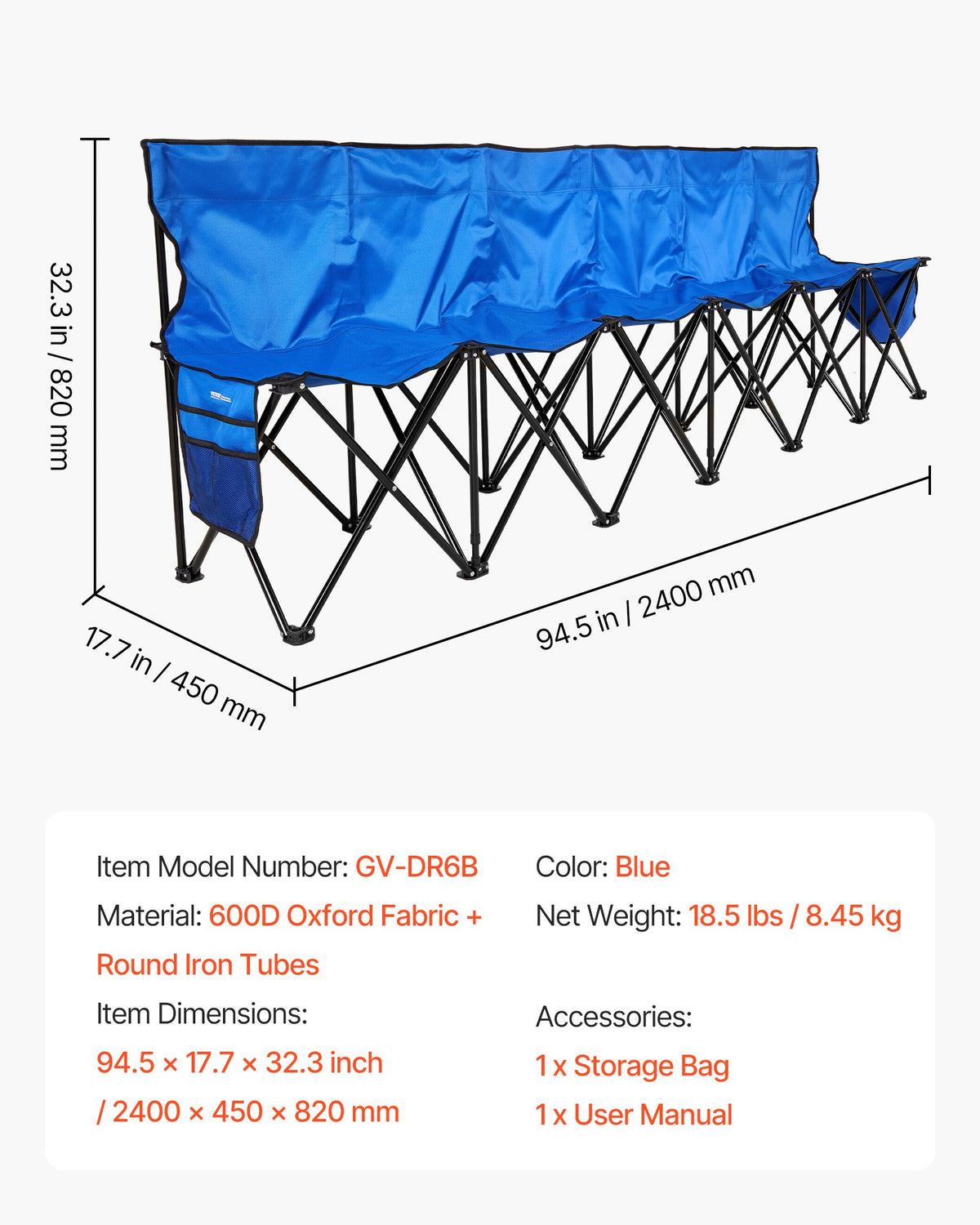 VEVOR Portable Folding Bench, 6 Seat Foldable Soccer Bench with Side Pockets and Carrying Bag, Lightweight Sideline Seating with Back Rest for Football, Baseball, Camping, Outdoor Events, Blue - BKZDYDZY6SEADS118001V0 - view 8