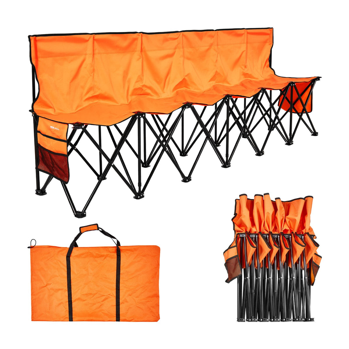 VEVOR Portable Folding Bench, 6 Seat Foldable Soccer Bench with Side Pockets and Carrying Bag, Lightweight Sideline Seating with Back Rest for Football, Baseball, Camping, Outdoor Events, Orange - BKZDYDZY6SEAHY3LG001V0 - view 1