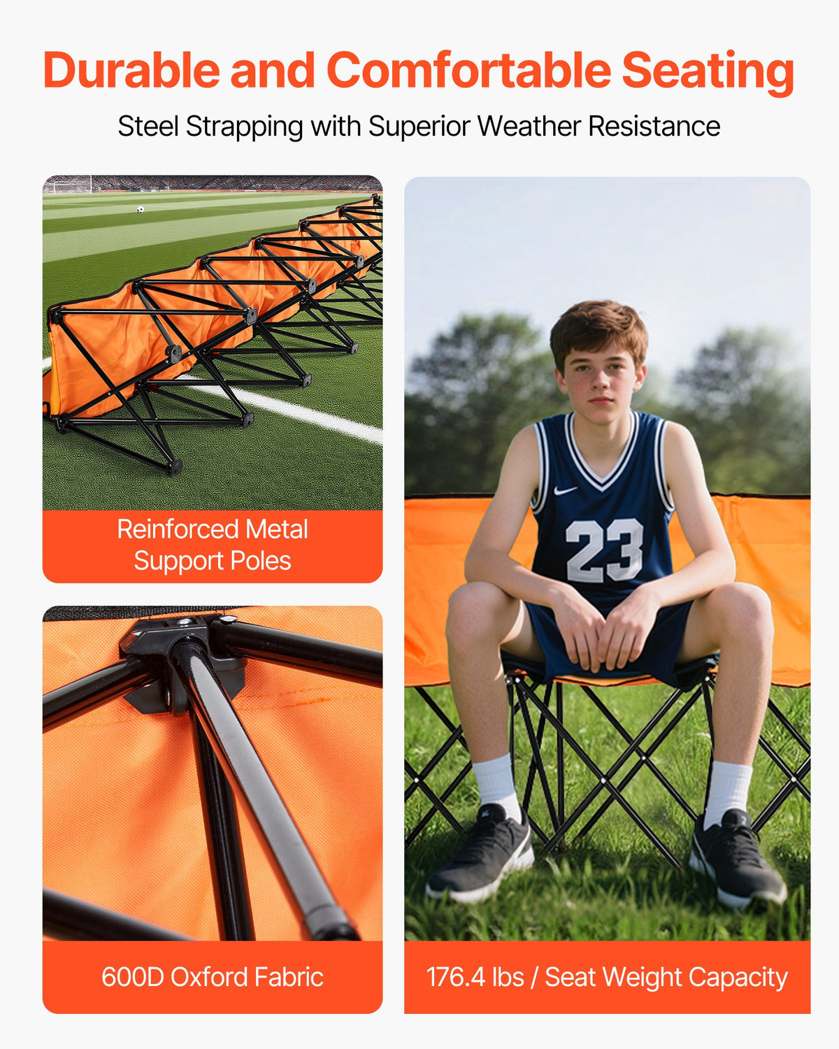 VEVOR Portable Folding Bench, 6 Seat Foldable Soccer Bench with Side Pockets and Carrying Bag, Lightweight Sideline Seating with Back Rest for Football, Baseball, Camping, Outdoor Events, Orange - BKZDYDZY6SEAHY3LG001V0 - view 4