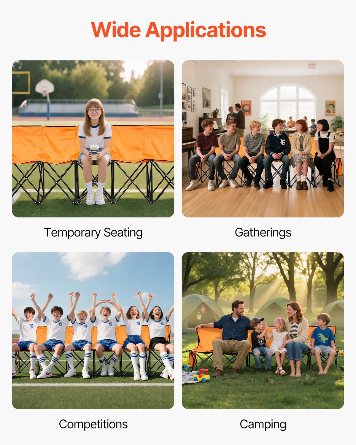 VEVOR Portable Folding Bench, 6 Seat Foldable Soccer Bench with Side Pockets and Carrying Bag, Lightweight Sideline Seating with Back Rest for Football, Baseball, Camping, Outdoor Events, Orange - BKZDYDZY6SEAHY3LG001V0 - view 7